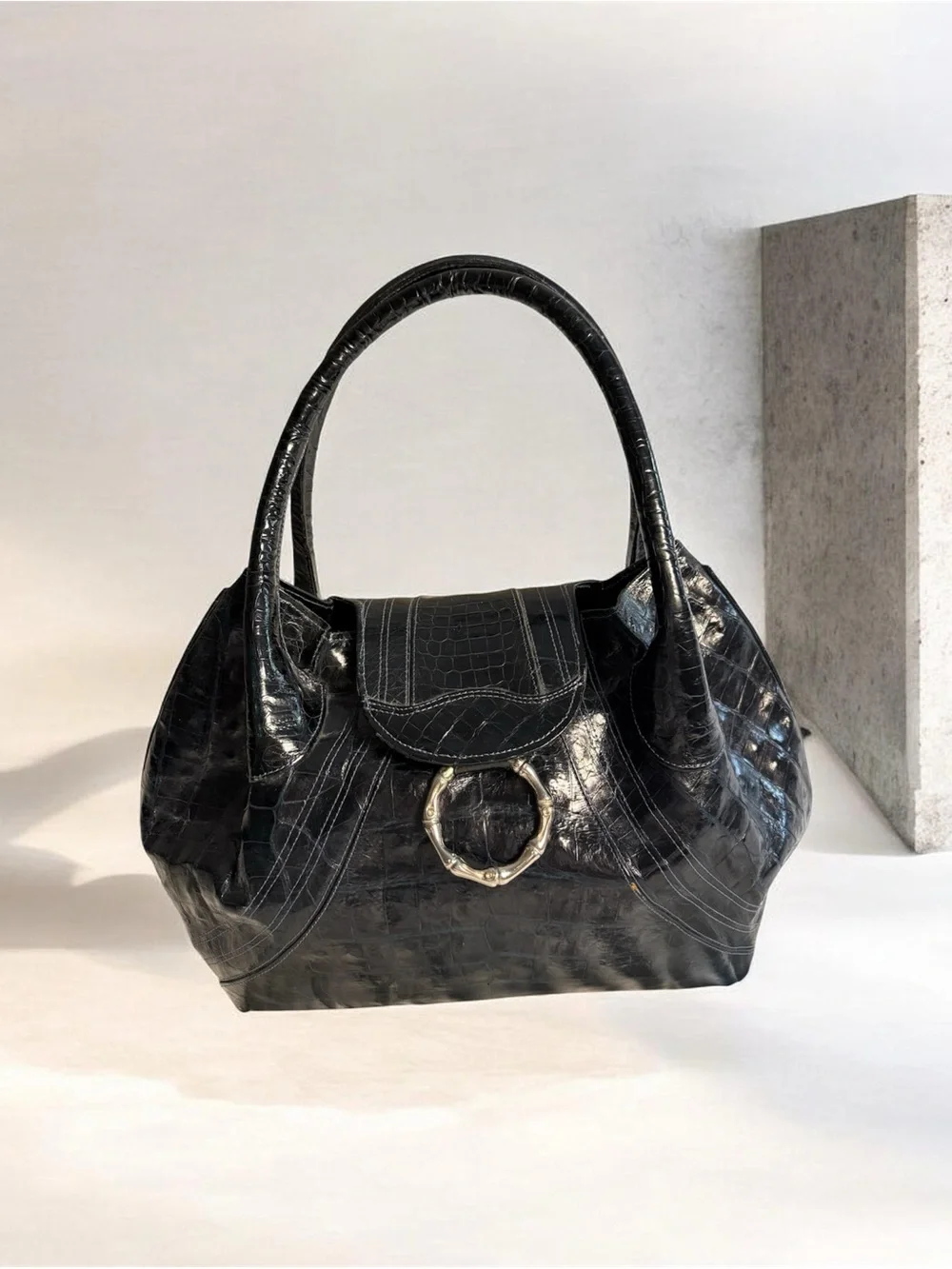 Velia Ubago Midnight Blue Crocodile Leather Bamboo Buckle Handbag